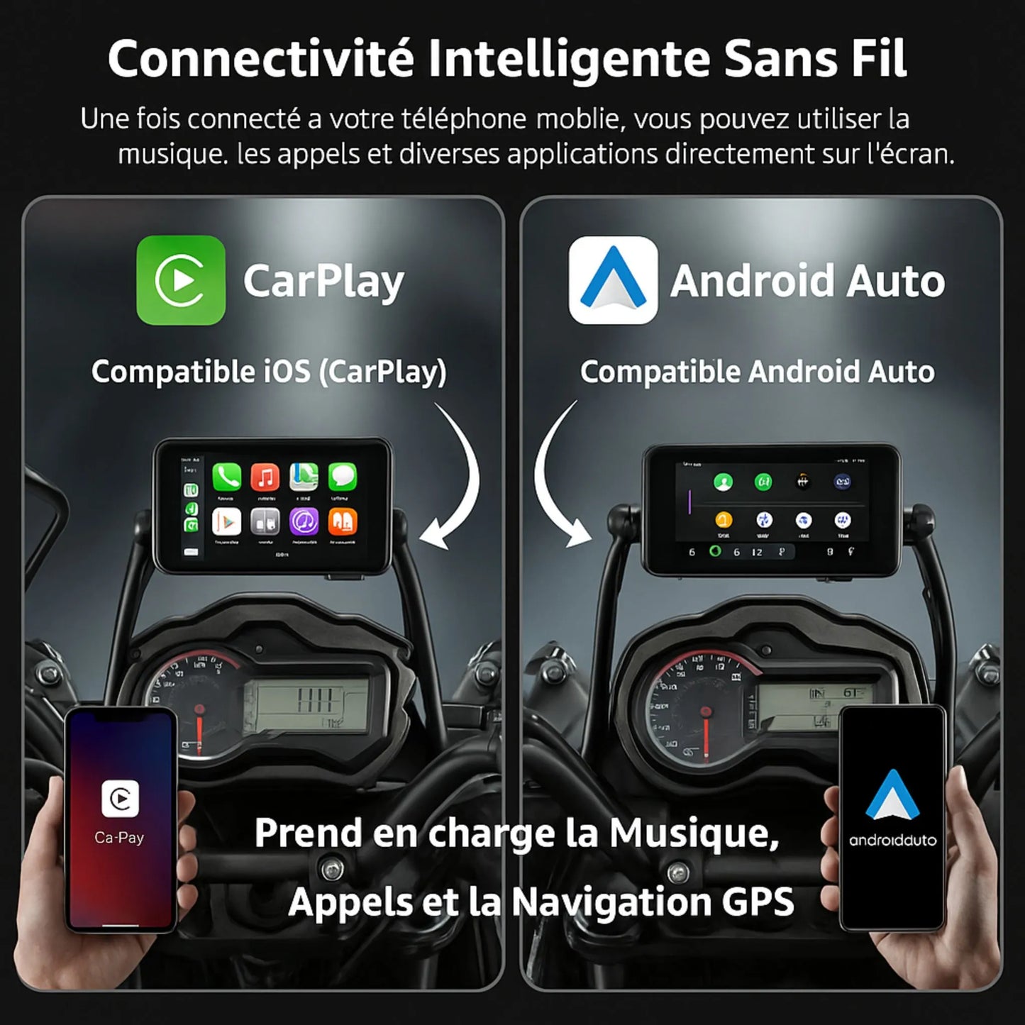 CarPlay Moto 5 Pouces Android Apple IP67 GPS Bluetooth 5.0 Compatible BMW, Yamaha, Honda, KTM, Suzuki, Kawasaki, Triumph.