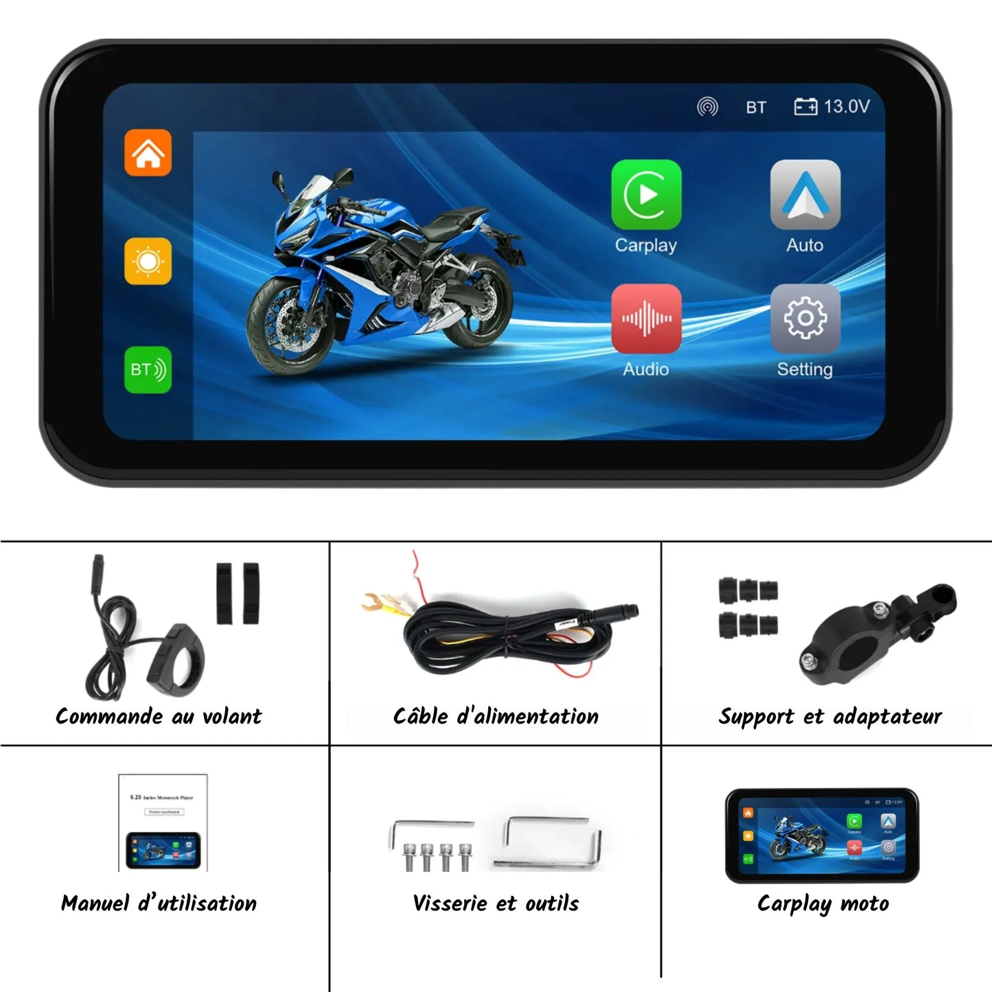 Écran CarPlay Moto 6.25 Pouces Android IP67 GPS Intégré Bluetooth 5.0 Compatible BMW, Yamaha, Honda, KTM