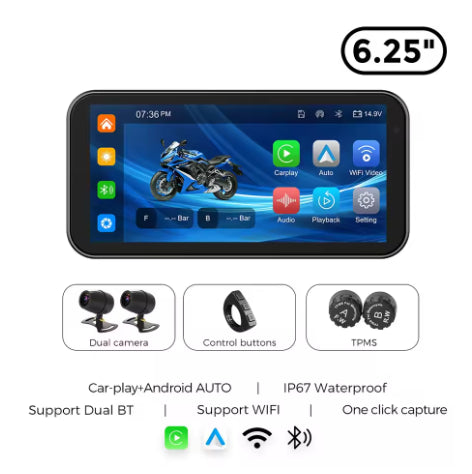 Écran CarPlay Moto 6.25 Pouces Android IP67 GPS Intégré Bluetooth 5.0 Compatible BMW, Yamaha, Honda, KTM